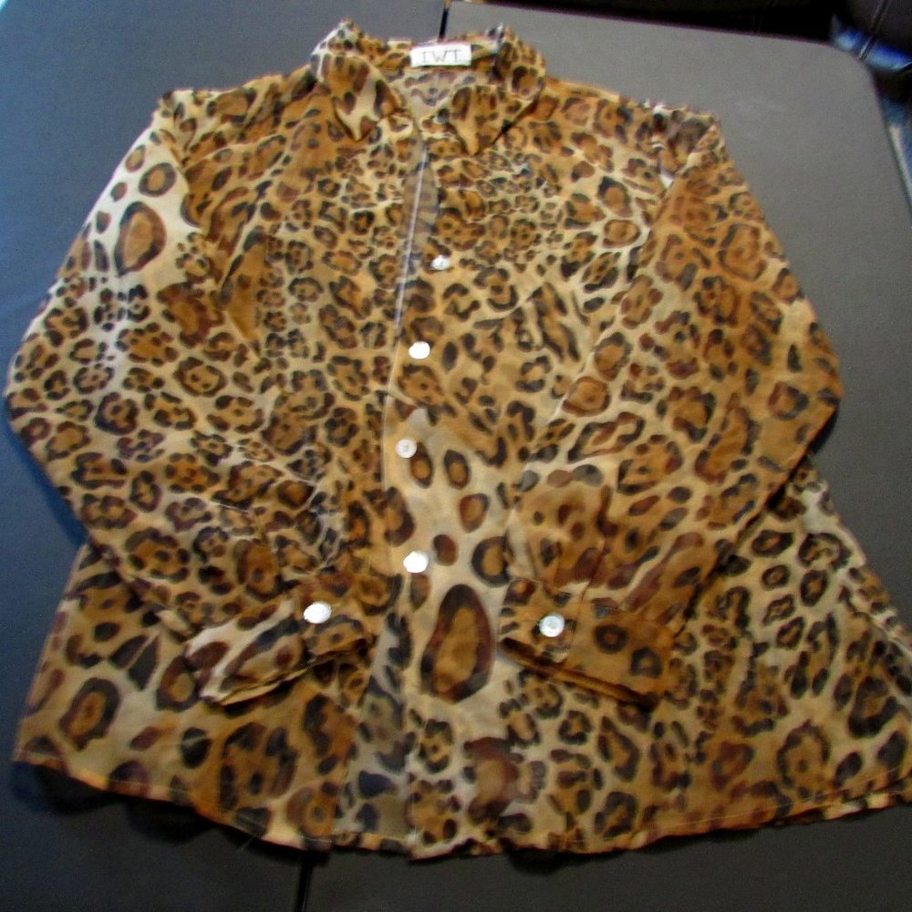 T.W.T. Sheer Animal Print Blouse. Long Sleeve-Button Front. Women's Size Medium.